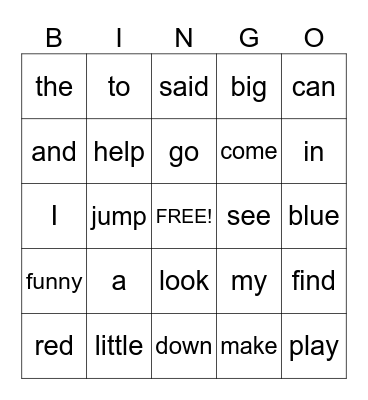 Sight Word Bingo Card
