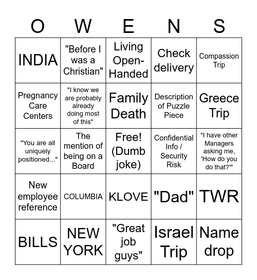 J.O. Bingo Card