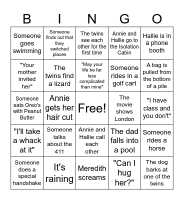 The Parent Trap Bingo Card