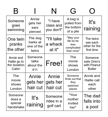 The Parent Trap Bingo Card