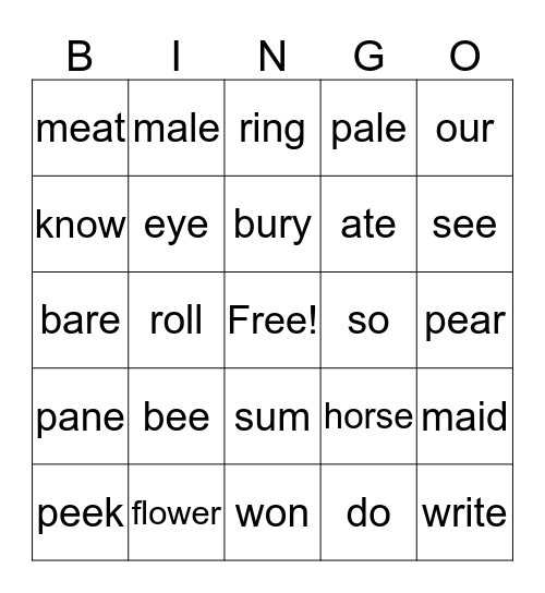 HOMOPHONES Bingo Card