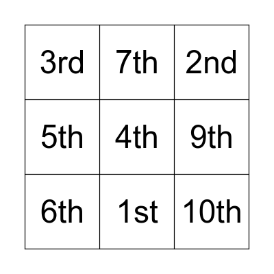 Ordinal number bingo Card