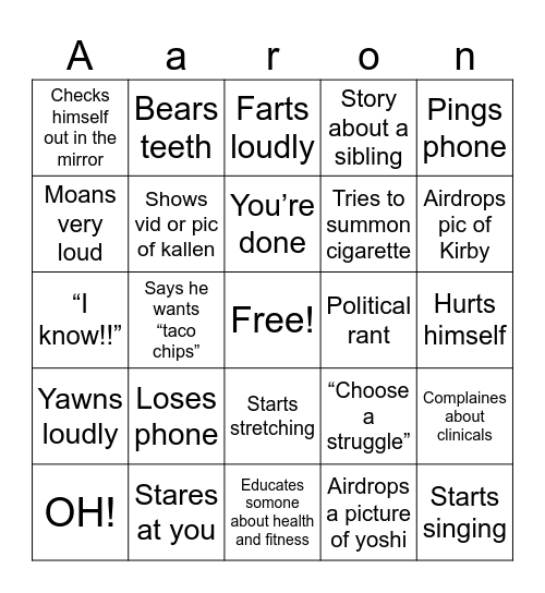 Aaron Bingo Card