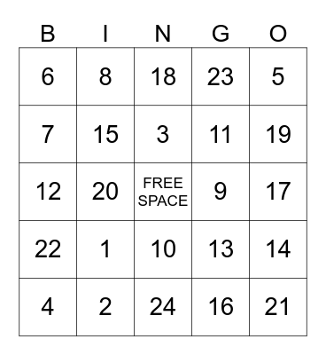 Numbers 1 to 25 Bingo Card