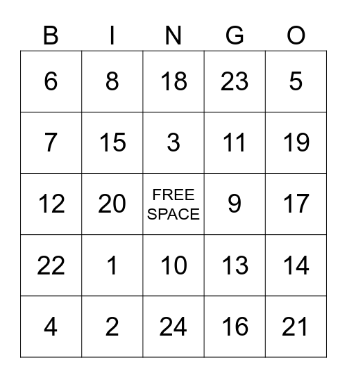 Numbers 1 to 25 Bingo Card