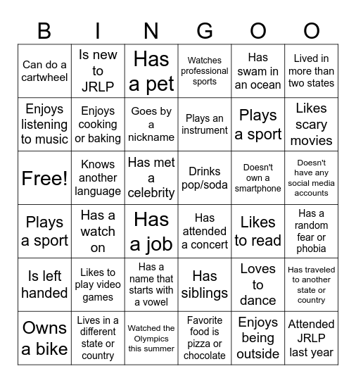 Getting to Know You Bingo Card