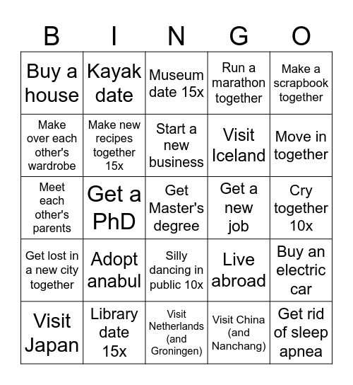 Our bucketlist Bingo Card