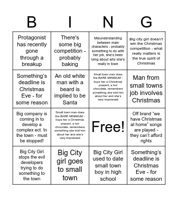 Halmark Christmas Movie Bingo Card