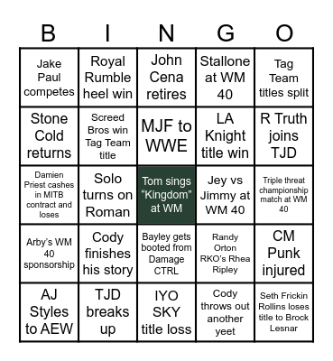 WWE 2024 Bingo Card