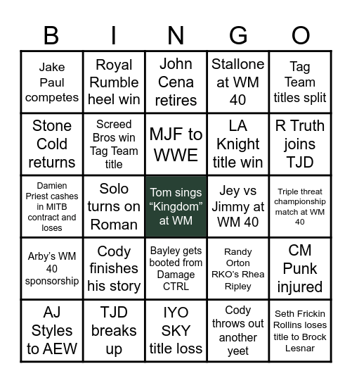 WWE 2024 Bingo Card