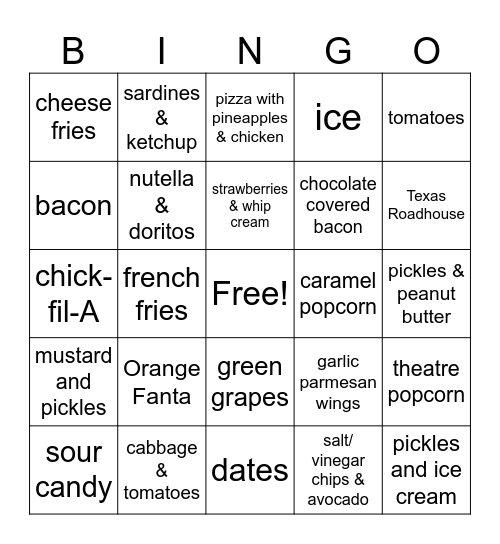 Baby Sophie Craving Bingo Card