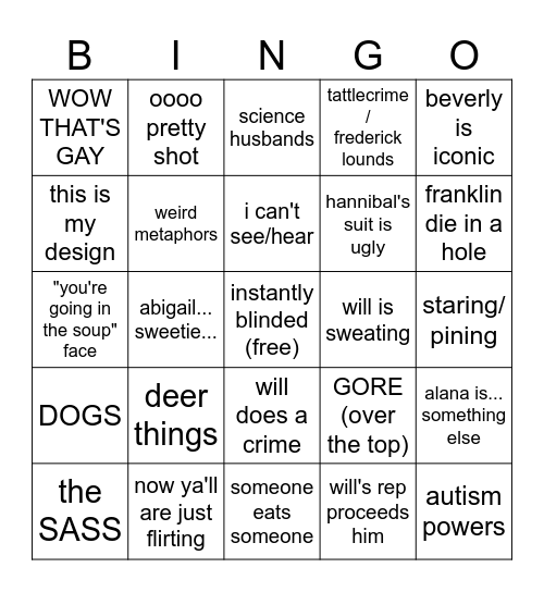 NBC Hannibal Bingo Card