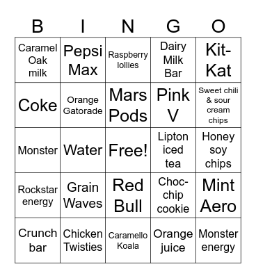 Items in the MCC vending machine Bingo Card