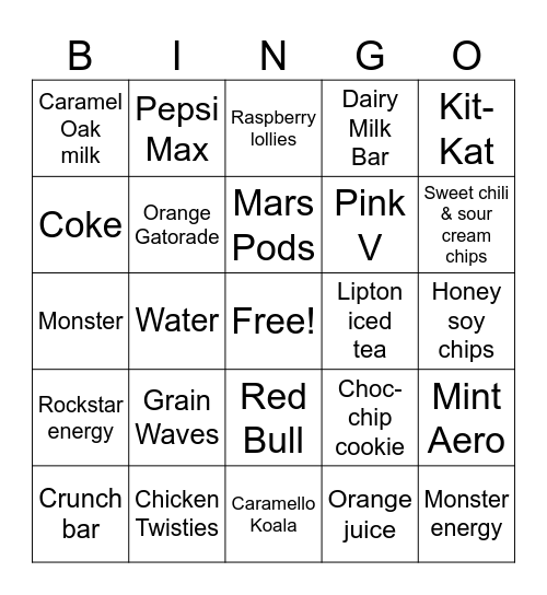 Items in the MCC vending machine Bingo Card