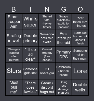 Destiny 2 Raid Bingo Card