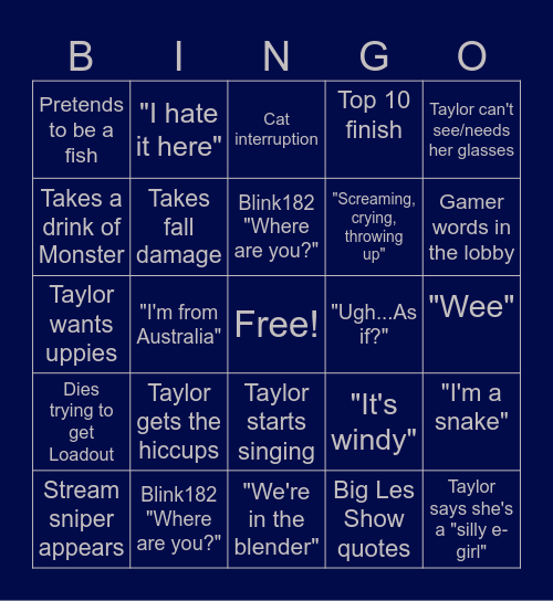 Taylor Streaming Bingo Card
