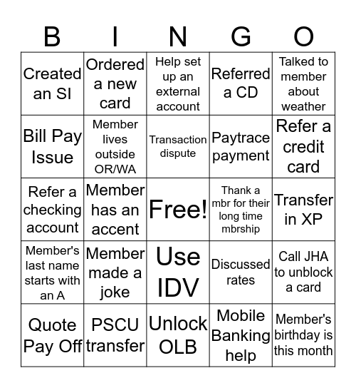 Member Advisor  Bingo Card
