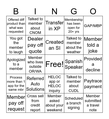 Senior Member Advisor Bingo Card