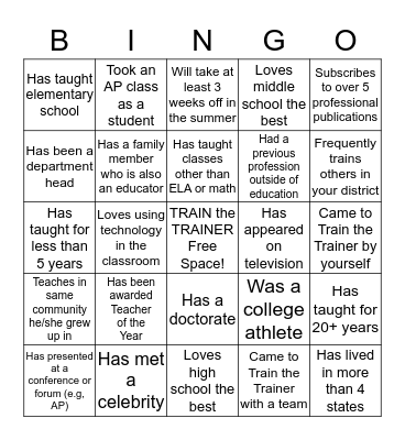 SpringBoard Train the Trainer Bingo Card