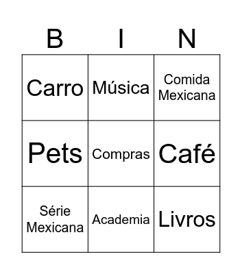 Hobbies Carol Bingo Card