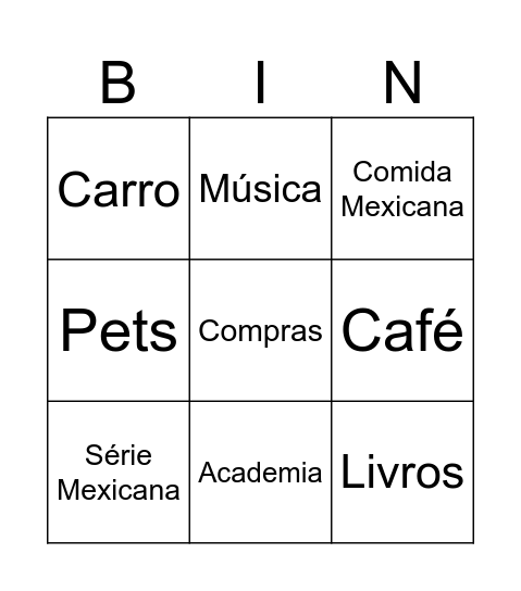 Hobbies Carol Bingo Card