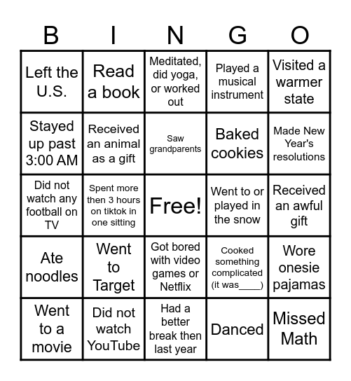 Winter Break Return: Find Someone Who... Bingo Card