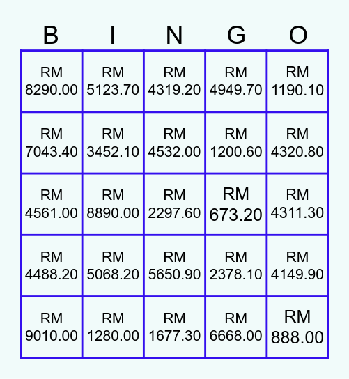 币值的加法 Bingo Card