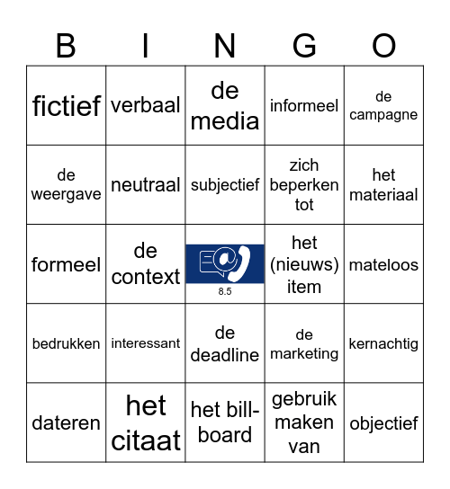 Taal op Maat gr 8 thema 5 Bingo Card