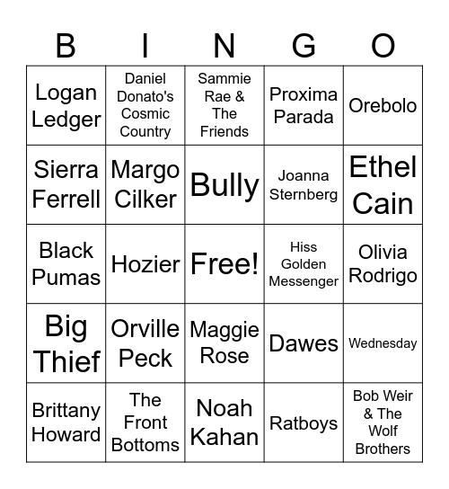 Newport Folk Fest Bingo Card