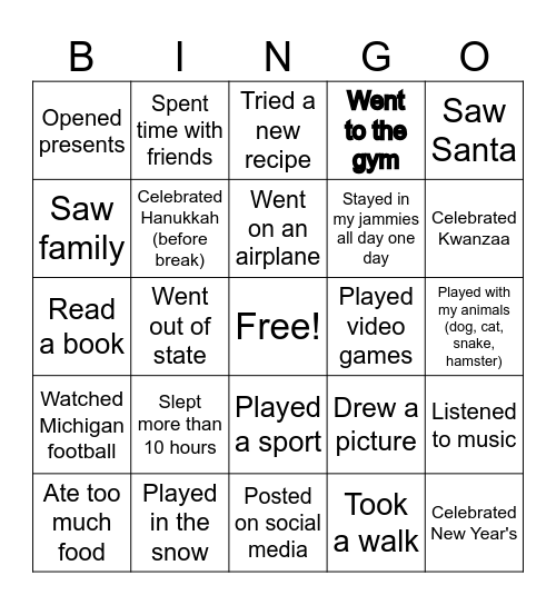 Winter Break Bingo! Bingo Card