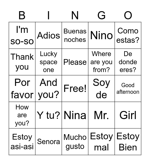 Spanish Greetings Bingo Card