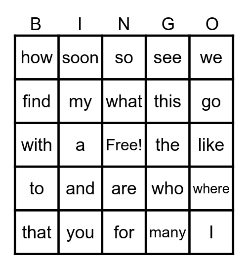 Sight Word Review Bingo Card