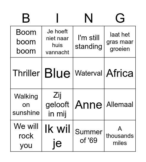 Muziek Bingo Card