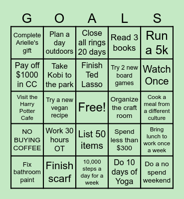 January Goals Card Bingo Card