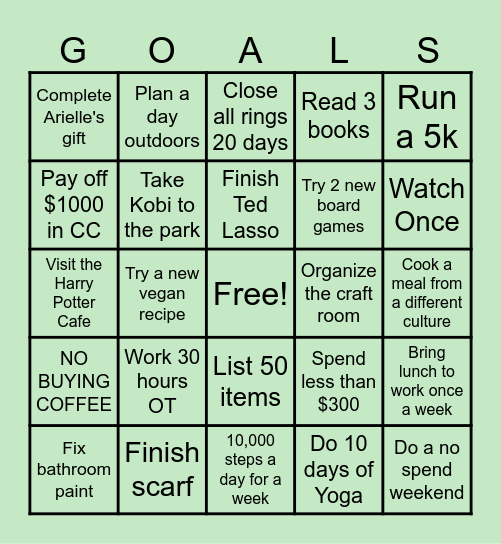 January Goals Card Bingo Card