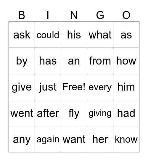 First Grade Words Bingo Card