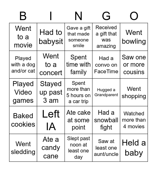 Over winter break...Find someone who.... Bingo Card