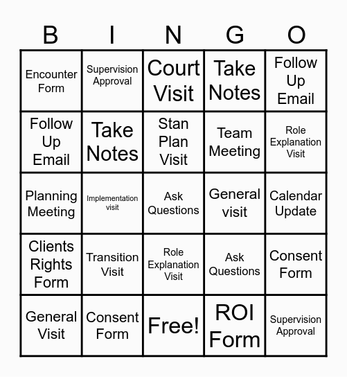 Field Shadowing Bingo Card