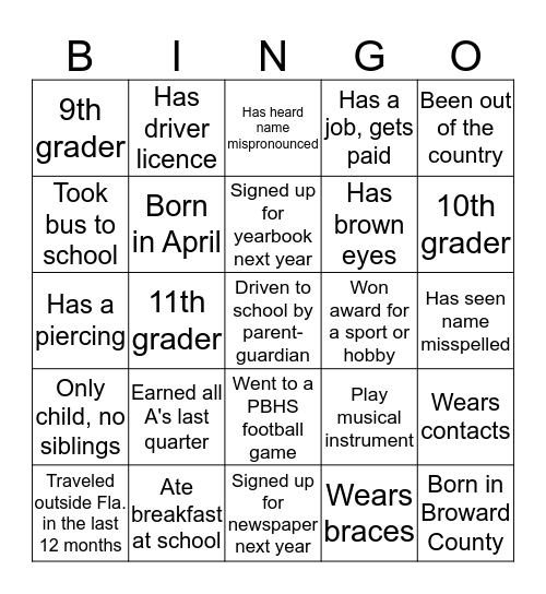 Get to know your class Bingo Card