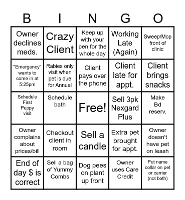 Reception Bingo Card