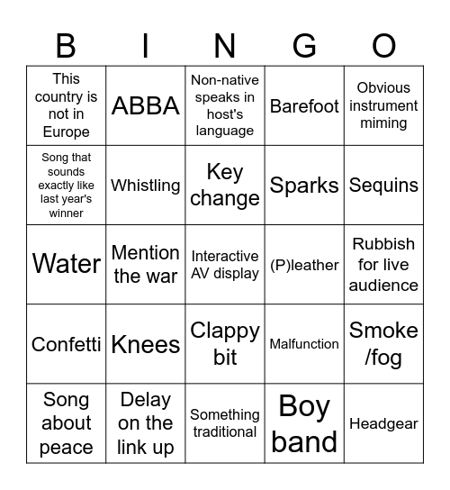 Eurovision Bingo Card