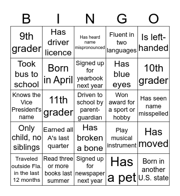 Get to know your class Bingo Card