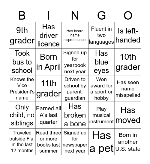 Get to know your class Bingo Card