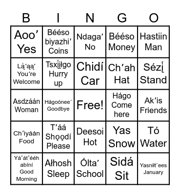 Navajo Bingo Card