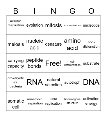 Biology Vocabulary Bingo Card