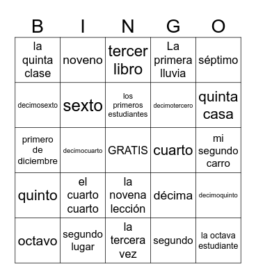Los Números Ordinales Bingo Card