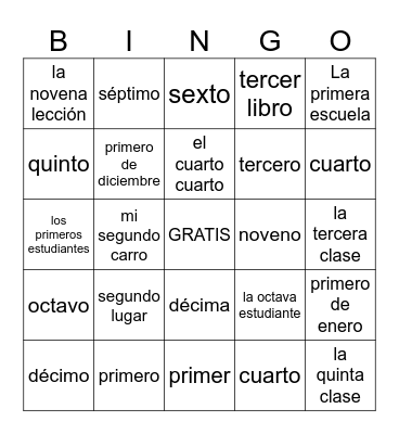 Los Números Ordinales Bingo Card
