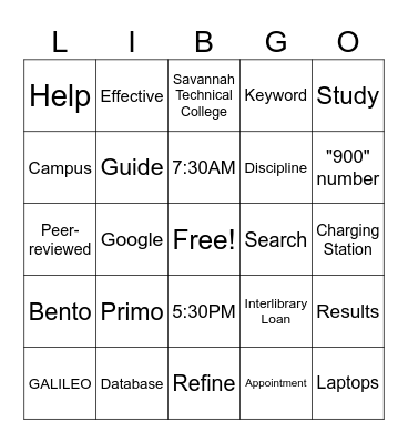 Library Orientation Bingo Card
