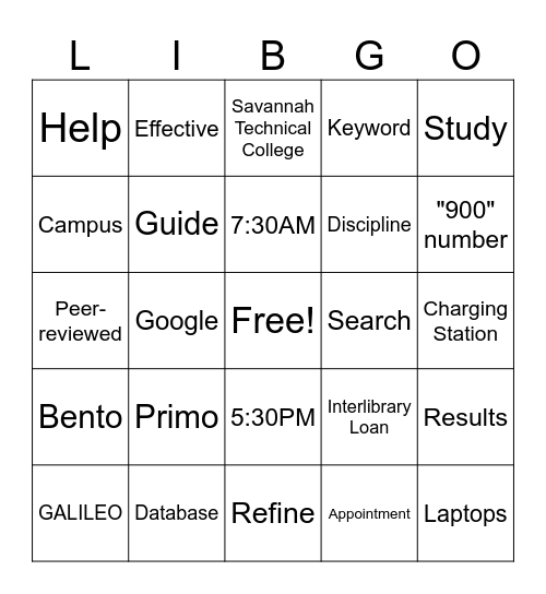 Library Orientation Bingo Card