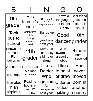 Get to know your class Bingo Card